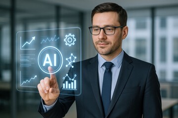 Professional Man Interacting with AI Interface, Visualizing Data and Technology Advancements in a Modern Business Setting