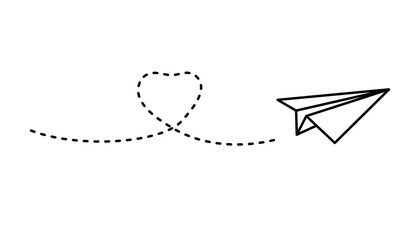 Linear paper airplane illustration with heart-shaped dashed path. Concept of love, distance and travel