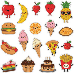 create need sticker collection of cute fruit icons, fast food, cake, vector illustration on white background