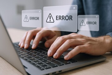 Typing on Laptop with Error Message Pop-Ups Displayed, Showing Tech Problems or System Failure