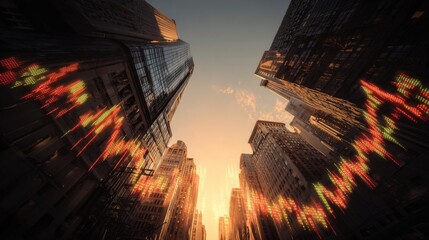 Financial District at Sunset with Stock Market Data Overlay, Representing Global Business and Investment