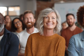 Fototapeta premium Diverse Group of Professionals Attending Seminar, Cheerful Mature Woman in Focus, Engaged and Smiling