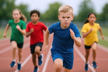 Determined Children Running Race on Track, Focused on Success, Competition, and Athleticism