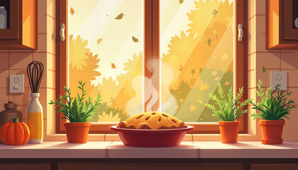 Cozy kitchen with steaming pie and autumn window view