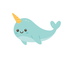 Cute cartoon narwhal with smiling face and yellow spiral tusk. Flat vector sea animal illustration for kids and marine themes