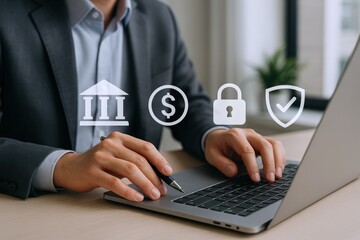 Online Banking Security: Businessman Using Laptop with Digital Finance and Protection Icons