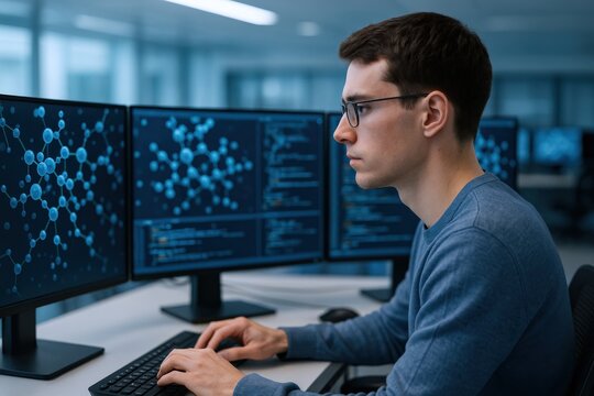 Software engineer working with molecule model on multiple monitors, coding and analyzing data in a modern office