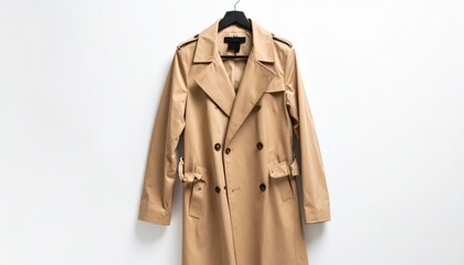 Naklejka premium Elegant Beige Trench Coat Displayed on a Minimalist White Wall Showcasing Fashion and Style Essence