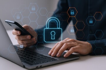Data Protection Concept: Person Using Laptop and Mobile Phone with Digital Security Overlay