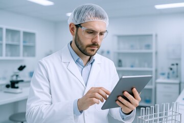 Scientist Working with Digital Tablet in Modern Laboratory for Medical Research and Pharmaceutical Development