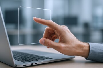 Interactive Technology: Hand Interacting with Transparent Screen Interface Displayed Above Laptop, Modern Office Setting
