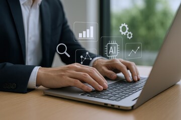 Businessman Typing on Laptop with Artificial Intelligence Interface Displaying Business Analytics and Data Visualizations