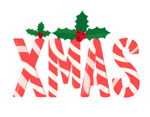 Candy Cane Striped Xmas Typography with Holly Accents, Straight-On View, Transparent PNG