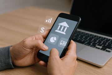 Mobile Banking App Interface on Smartphone Display with User Interaction and Fintech Elements