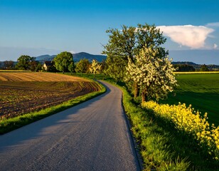 Picturesque country road curving through cultivated land with blossoming trees