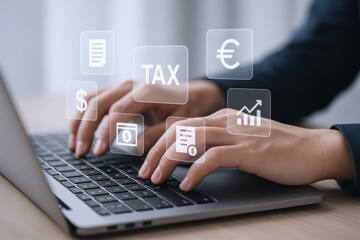Filing Taxes Online: Close-up of Hands Typing on Laptop with Financial Icons and Tax Concept Overlay