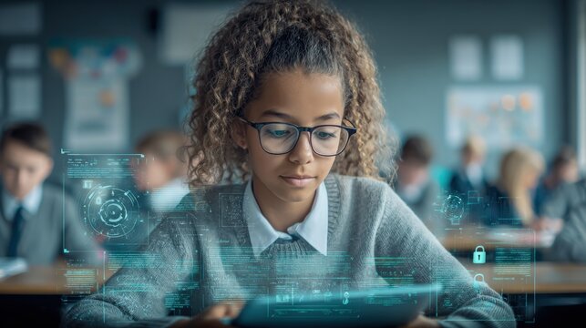 Focused Student Using Tablet in Classroom with Futuristic Interface, Modern Education Technology and Innovation Concept