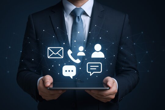 Professional Man Holding Tablet with Communication Icons Displayed for Business Solutions and Support