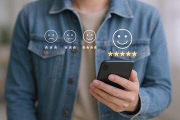 Customer Experience Evaluation Using Mobile App: Man Giving Positive Online Feedback Via Smartphone