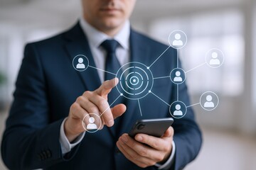 Obraz premium Businessman Tapping Virtual Social Network Interface on Smartphone, Illustrating Connectivity, Communication, and Modern Technology