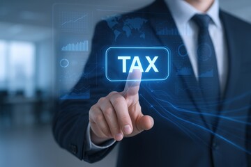 Businessman Touching a Digital TAX Button Displayed on a Futuristic Interface, Representing Finance and Economy
