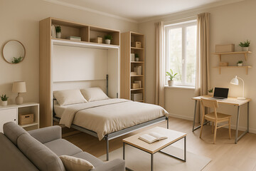 Fototapeta premium latest home trends. A cozy, minimalist bedroom features a foldable bed, light wood furniture, and natural light from large windows, creating a serene atmosphere.