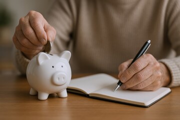 Saving for Future: Senior Woman Adding Coin to Piggy Bank While Writing in Notebook