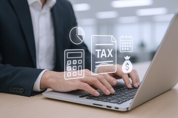 Tax Preparation and Filing: Businessman Calculating and Managing Taxes Online with Laptop in Office