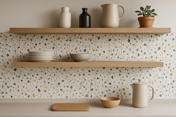 latest home trends. A minimalist kitchen shelf displays contemporary dishware, decorative bottles, and a potted plant against a textured tile backdrop.