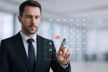Focused Businessman Interacting with Digital Calendar Interface for Scheduling and Planning in a Modern Office