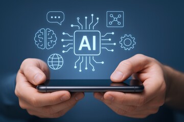 AI integration in mobile technology showcased by hands holding smartphone with artificial intelligence interface