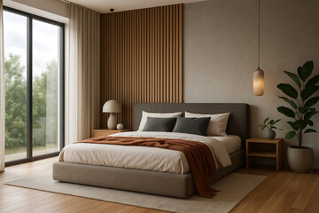 Fototapeta premium latest home trends. A modern bedroom featuring a cozy bed, wooden accents, large windows, and a stylish plant, creating a serene and inviting atmosphere.