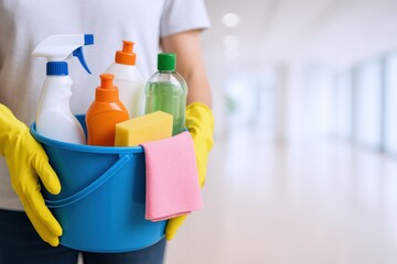 Professional Cleaner Holding Bucket with Cleaning Supplies for Home or Office Maintenance