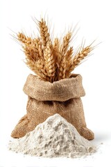Wheat ears and flour in a burlap bag