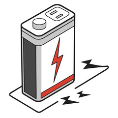 Isometric nine volt battery with lightning isolated on white background, a portable source of electrical energy for electronic devices