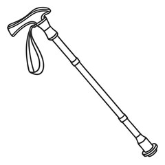 Line art illustration of a walking cane, a mobility aid for elderly or disabled individuals, isolated on white background