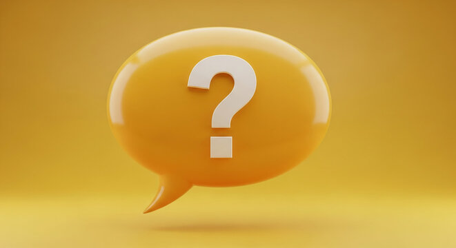 Yellow speech bubble with white question mark, floating against yellow background Free space for text or logo, ideal for FAQ, help, inquiry concepts - Powered by Adobe
