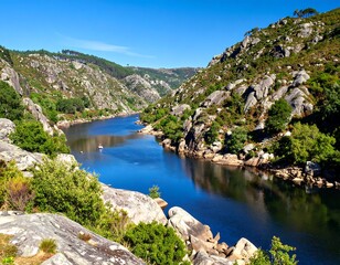 Serene waterway between majestic rock formations and lush greenery under a bright sky