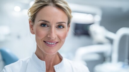 A smiling blonde woman, a dentist or dental assistant, stands in a modern dental office.