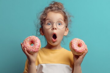 Excited Young Girl Holding Pink Donuts with Sprinkles Against a Blue Background in Studio