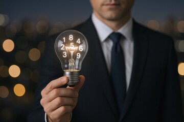 Businessman Holding Lightbulb with Numbers Inside Symbolizing Innovation and Creative Problem Solving, Conceptual Idea