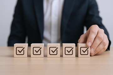 Hand Completing Checklist on Wooden Blocks, Task Management and Successful Business Strategy