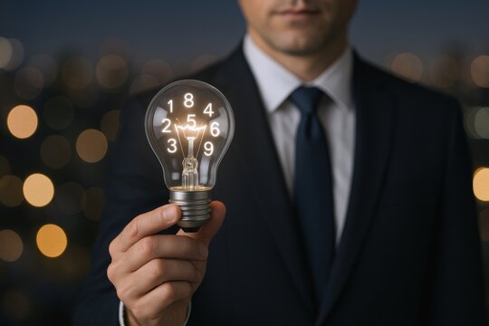 Businessman Holding Lightbulb with Numbers Inside Symbolizing Innovation and Creative Problem Solving, Conceptual Idea
