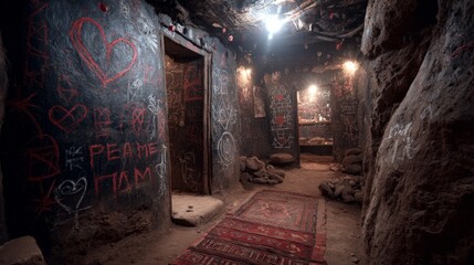 Intriguing cave filled with ancient graffiti and mysterious artifacts illuminated softly