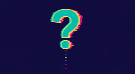 Glitch effect question mark, teal and yellow, on dark blue background, symbolizes uncertainty, query, problem-solving, digital art, modern design, free space for text