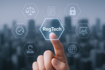 Regulatory Technology Concept: Finger Touching RegTech Interface Button on a Digital Touchscreen with Cityscape Backdrop