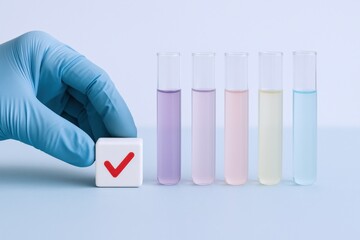 Scientific Analysis: Colorful Liquid Samples in Test Tubes with Verification Sign, Hand in Protective Glove