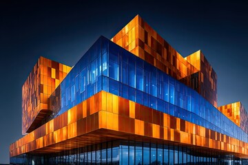 Modern, geometric building at night, lit with warm orange and cool blue panels