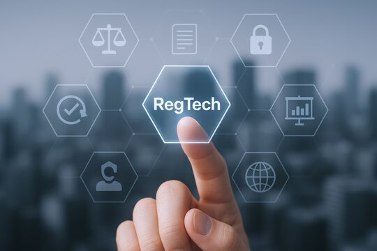 Regulatory Technology Concept: Finger Touching RegTech Interface Button on a Digital Touchscreen with Cityscape Backdrop