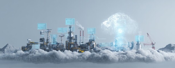Industrial Plant With Augmented Reality Interface Displayed Over Cloud Background, Illustrating Digital Transformation